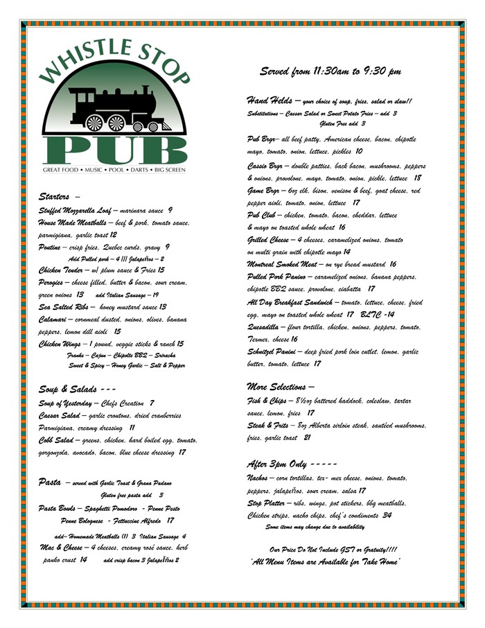 Whistle Stop Pub Menu