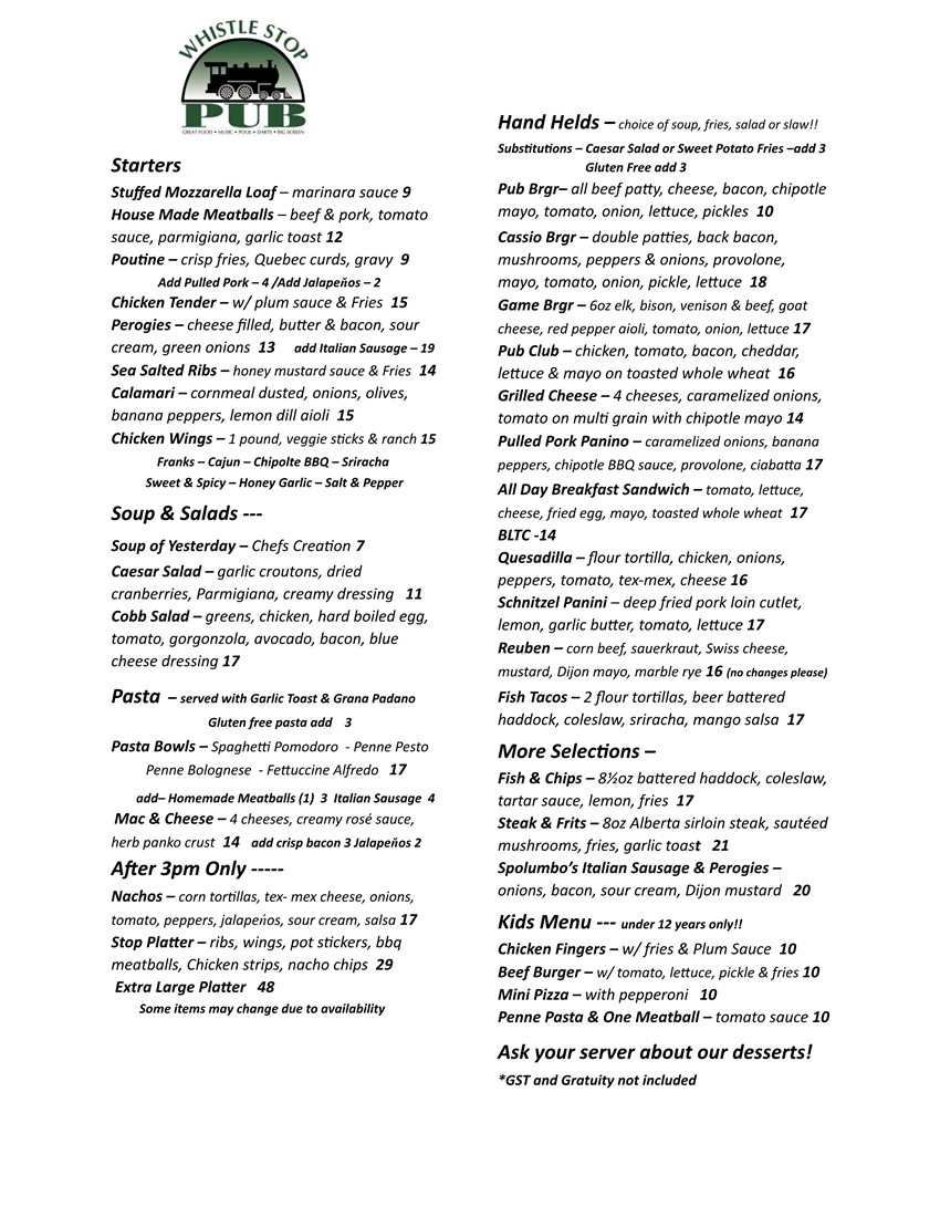 Whistle Stop Pub Menu